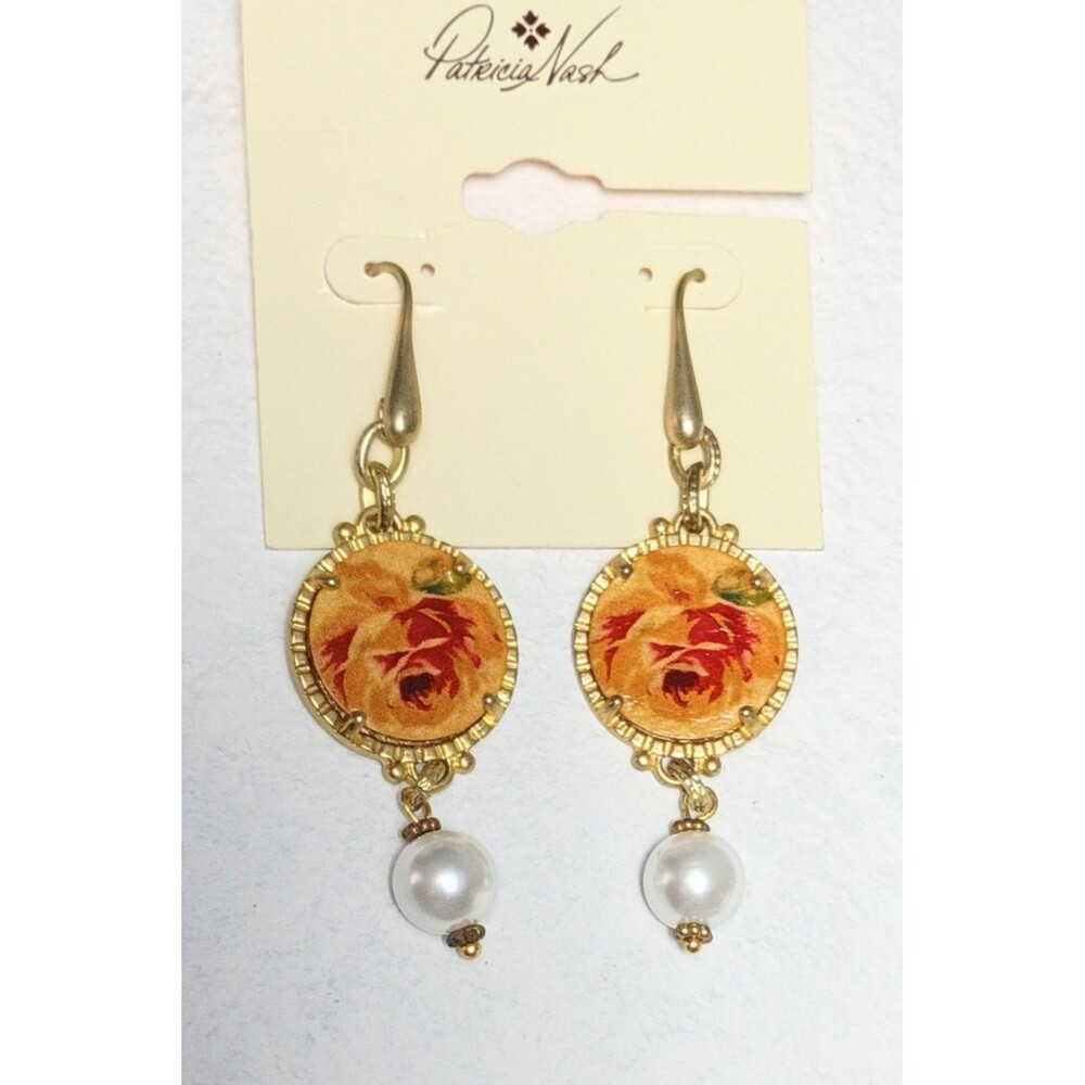 Patricia Nash Rose Floral Pearl Drop Earrings Gold Tone NEW